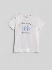 4F T-shirt regular z nadrukiem damski - biały L. Białe t-shirty 4f, l, bez wzorów, z bawełny, bez kołnierzyka, bez ramiączek. Za 69.99 zł.