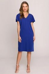 Sukienka oversize o prostym kroju z dekoltem V niebieska. Niebieskie sukienki Stylove, do pracy, l, bez wzorów, z materiału, biznesowe, bez kołnierzyka, bez ramiączek, mini, dopasowane. Za 289.00 zł.