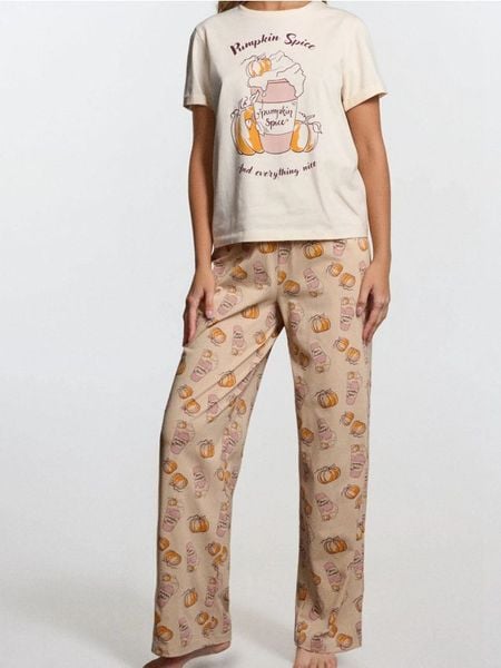 Bawełniana piżama dwuczęściowa z motywem jesiennym - kremowy. Białe piżamy Sinsay, bez wzorów, z bawełny, bez ramiączek. Za 49.99 zł.