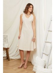 Rodier Lin Lniana sukienka w kolorze beżowym rozmiar: L/XL. Brązowe sukienki Rodier Lin, l, bez wzorów, ze lnu, bez kołnierzyka, bez ramiączek, midi. Za 149.95 zł.