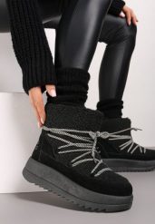 Czarne Niezapinane Śniegowce na Niskiej Platformie z Futerkiem i Sznurowaniem Avalisande. Czarne trapery i śniegowce Renee, z futra. Za 64.99 zł.