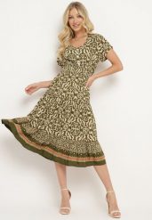 Ciemnozielona Bawełniana Sukienka z Dekoltem w Serek Zapinana na Guziki z Gumką w Pasie Kelea. Zielone sukienki Born2be, na co dzień, na lato, l, bez wzorów, z bawełny, eleganckie, bez kołnierzyka, bez ramiączek, proste. Za 49.99 zł.