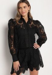 Czarny Komplet z Bawełną Koszula i Szorty Ozdobione Ażurowym Wzorem Zeralea. Czarne koszule Born2be, m, z aplikacjami, z bawełny, eleganckie, bez kołnierzyka, bez ramiączek. Za 139.99 zł.
