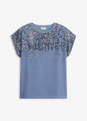T-shirt ze wstawką z tkaniny, z połyskującymi kamieniami. Niebieskie t-shirty bonprix, bez wzorów, z tkaniny, bez kołnierzyka, bez ramiączek. Za 37.99 zł.