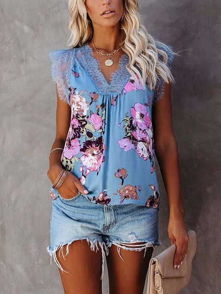 LA Angels Bluzka w kolorze błękitno-jasnoróżowym rozmiar: L. Niebieskie bluzki LA Angels, l, bez wzorów, z koronki, bez kołnierzyka, bez ramiączek. Za 113.63 zł.