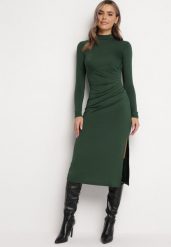 Ciemnozielona Taliowana Sukienka Midi z Półgolfem i Marszczeniem Abigiana. Zielone sukienki Born2be, l, bez wzorów, eleganckie, bez kołnierzyka, bez ramiączek, midi. Za 139.99 zł.