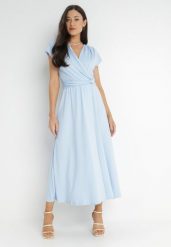 Jasnoniebieska Sukienka Kopertowa Chloriera. Niebieskie sukienki Born2be, na imprezę, m, bez wzorów, z tkaniny, eleganckie, bez kołnierzyka, bez ramiączek, maxi, kopertowe. Za 109.99 zł.