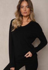 Czarny Casualowy Sweter z Wiskozą Bawełną i Trójkątnym Dekoltem Miaressa. Czarne swetry Renee, l, bez wzorów, z bawełny, bez ramiączek. Za 49.99 zł.