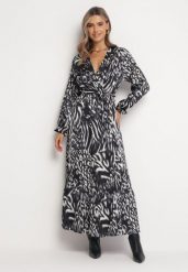 Szara Rozkloszowana Sukienka Maxi z Wiązanym Paskiem Saben. Szare sukienki Born2be, l, bez wzorów, z materiału, bez kołnierzyka, bez ramiączek, maxi, kopertowe. Za 139.99 zł.