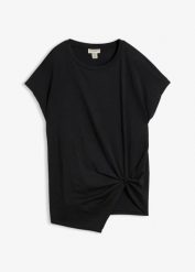 Koszulka z czystej bawełny organicznej. Czarne bluzki bonprix, bez wzorów, z bawełny, eleganckie, bez kołnierzyka, bez ramiączek. Za 49.99 zł.