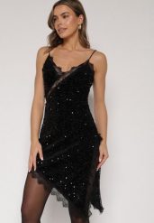 Czarna Sukienka o Asymetrycznym Kroju z Cekinami i Koronką Eldafera. Czarne sukienki Born2be, na imprezę, l, z aplikacjami, z jeansu, eleganckie, z asymetrycznym kołnierzem, bez ramiączek, asymetryczne. Za 159.99 zł.