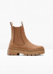 Sztyblety. Brązowe botki bonprix, bez wzorów, bez obcasa, bez zapięcia. Za 149.99 zł.