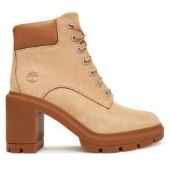 Trzewiki Timberland. Brązowe botki Timberland, bez wzorów, bez obcasa, na słupku, bez zapięcia. Za 679.99 zł.