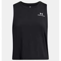 Top treningowy damski Under Armour Rush Energy Crop Tank. Czarne topy Under Armour, xs, bez wzorów, bez kołnierzyka, bez ramiączek. Za 119.99 zł.