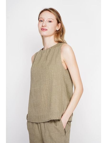 Le Jardin du Lin Lniany top w kolorze khaki rozmiar: 42. Brązowe topy Le jardin du lin, bez wzorów, ze lnu, bez kołnierzyka, bez ramiączek. Za 114.95 zł.
