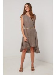 Lin Passion Lniana sukienka w kolorze szarobrązowym rozmiar: 38/40. Brązowe sukienki Lin Passion, bez wzorów, ze lnu, klasyczne, bez kołnierzyka, bez ramiączek, midi. Za 152.99 zł.