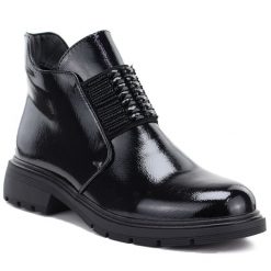 Botki damskie lakierowane czarne M.Daszyński MR2501. Czarne botki M.Daszyński, bez wzorów, z lakierowanej skóry, bez obcasa, bez zapięcia. Za 159.99 zł.