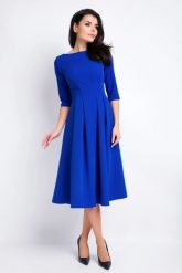 Elegancka sukienka rozkloszowana z kontrafałdami niebieska. Niebieskie sukienki Sukienki.shop, do pracy, bez wzorów, biznesowe, bez kołnierzyka, bez ramiączek, rozkloszowane. Za 349.00 zł.