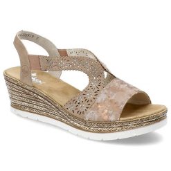 Różowe Sandały Rieker Eleganckie Buty Na Koturnie. Czerwone sandały Rieker, z aplikacjami, ze skóry ekologicznej, eleganckie, bez obcasa, na koturnie, bez zapięcia. Za 239.00 zł.