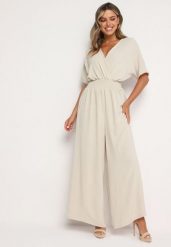 Beżowy Kopertowy Kombinezon z Gumką w Talii i Szerokimi Nogawkami Vimashea. Brązowe sukienki Born2be, na co dzień, bez wzorów, eleganckie, bez kołnierzyka, bez ramiączek, kopertowe. Za 69.99 zł.