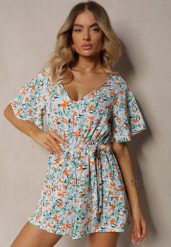 Jasnoniebieski Kombinezon z Dekoltem w Serek z Gumką w Talii i Materiałowym Paskiem Tessanda. Niebieskie sukienki Renee, na co dzień, l, bez wzorów, z materiału, eleganckie, bez kołnierzyka, bez ramiączek, kopertowe. Za 49.99 zł.