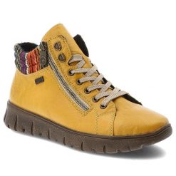 Żółte Botki Rieker Ocieplane Buty Damskie. Żółte botki Rieker, bez wzorów, bez obcasa, bez zapięcia. Za 373.99 zł.