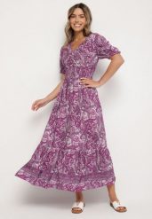 Ciemnoróżowa Bawełniana Sukienka o Rozkloszowanym Kroju we Wzór Paisley Folurelle. Fioletowe sukienki Born2be, na spotkanie biznesowe, l, bez wzorów, z bawełny, eleganckie, bez kołnierzyka, bez ramiączek, maxi, rozkloszowane. Za 49.99 zł.