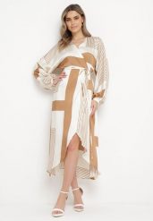 Beżowa Sukienka Kopertowa Kimono z Geometrycznym Wzorem i Wiązanym Paskiem Klerossa. Brązowe sukienki Born2be, l, bez wzorów, bez kołnierzyka, bez ramiączek, midi, kopertowe. W wyprzedaży za 97.99 zł.