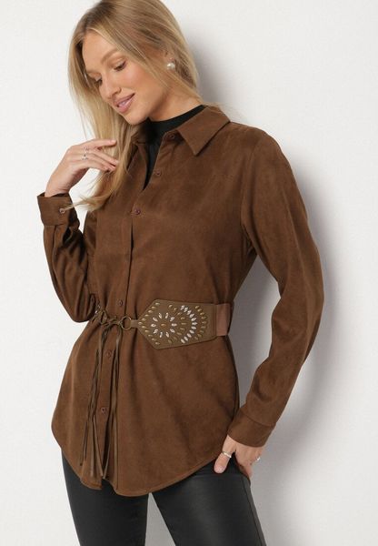 Brązowa Koszula z Dodatkowym Paskiem z Frędzlami w Stylu Boho Unesa. Brązowe koszule Born2be, l, bez wzorów, z jeansu, boho, bez kołnierzyka, bez ramiączek. Za 139.99 zł.