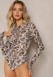 Czarno-Beżowe Body Ozdobione Kwiatami w Abstrakcyjnym Stylu Hlevina. Czarne body Renee, l, bez wzorów, z dzianiny. Za 69.99 zł.