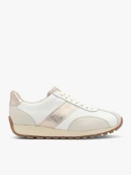 Kremowe buty sportowe ze złotym paskiem. Brązowe obuwie sportowe Ryłko, ze skóry, bez zapięcia. Za 499.99 zł.