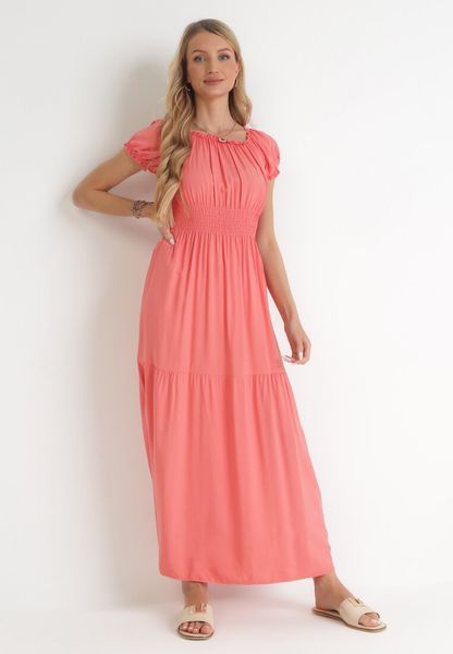 Pomarańczowa Sukienka Hiszpanka z Gumkami w Pasie Badite. Czerwone sukienki Born2be, na lato, l, bez wzorów, bez kołnierzyka, bez ramiączek, maxi. Za 69.99 zł.