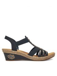 Rieker Sandały V2461-14 Granatowy. Niebieskie sandały Rieker, bez wzorów, z materiału, bez obcasa, na koturnie, bez zapięcia. Za 259.99 zł.