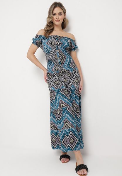 Zielono-Niebieska Bawełniana Sukienka Hiszpanka w Etno Wzór z Gumką w Pasie Kinetha. Zielone sukienki Born2be, l, bez wzorów, z bawełny, boho, bez kołnierzyka, bez ramiączek. Za 59.99 zł.