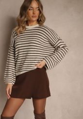 Jasnobeżowy Oversizowy Sweter w Paski z Domieszką Wełny i Wiskozy Tidania. Brązowe swetry Renee, bez wzorów, z dzianiny, bez ramiączek. Za 139.99 zł.