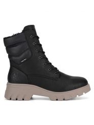 Rieker Botki 71831-00 Czarny. Czarne botki Rieker, bez wzorów, z materiału, bez obcasa, na płaskiej podeszwie, bez zapięcia. Za 399.99 zł.