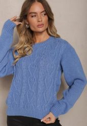 Niebieski Sweter z Wełną Ozdobnym Splotem i Ściągaczem Nariae. Niebieskie swetry Renee, uniwersalny, bez wzorów, z jeansu, bez ramiączek. Za 54.99 zł.
