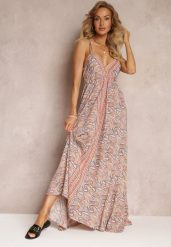 Beżowa Rozkloszowana Sukienka Maxi Wiązana na Szyi z Wiskozy z Printem Paisley Olympie. Brązowe sukienki Renee, na lato, m, bez wzorów, z wiskozy, boho, bez kołnierzyka, bez ramiączek, maxi, rozkloszowane. Za 89.99 zł.