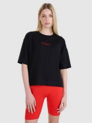 4F T-shirt oversize z nadrukiem damski - czarny L. Czarne t-shirty 4f, l, bez wzorów, z bawełny, bez kołnierzyka, bez ramiączek. W wyprzedaży za 29.99 zł.
