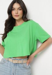Jasnozielony Krótki T-shirt Oversize Lilu. Zielone t-shirty Born2be, l, bez wzorów, z bawełny, bez kołnierzyka, bez ramiączek. Za 29.99 zł.