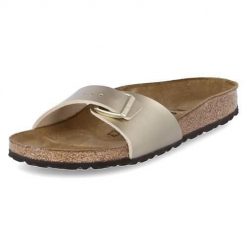 Klapki damskie Birkenstock Madrid. Żółte klapki Birkenstock, bez wzorów, z materiału, bez obcasa. Za 426.00 zł.