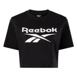 Koszulka Reebok Identity Big Logo Crop Tee. Czarne bluzki Reebok, bez wzorów, sportowe, bez kołnierzyka, bez ramiączek. Za 66.99 zł.