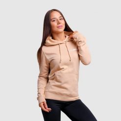 Bluza damska fitness z kapturem piaskowa PRO. Białe bluzy GYMBEAM, l, bez wzorów, z bawełny, z kapturem. Za 88.90 zł.
