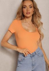 Pomarańczowa Bluzka z Trójkątnym Dekoltem z Koronką Thisalla. Brązowe bluzki Renee, l, bez wzorów, z bawełny, eleganckie, bez kołnierzyka, bez ramiączek. W wyprzedaży za 52.49 zł.