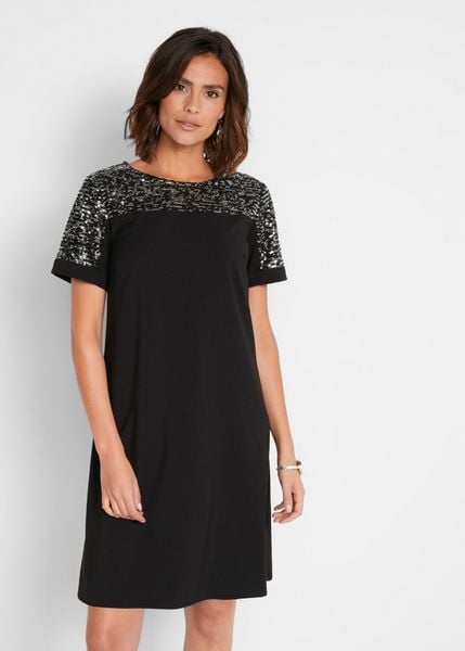 Sukienka z wstawką z cekinami. Czarne sukienki bonprix, bez wzorów, bez kołnierzyka, bez ramiączek. Za 209.99 zł.