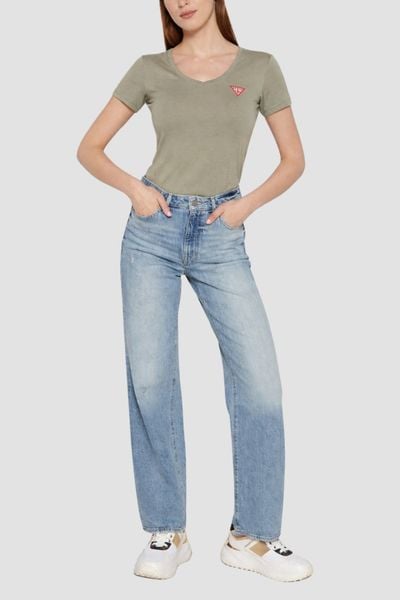 GUESS Zielony damski t-shirt Mini Triangle, Rozmiar XS. Zielone t-shirty Guess, s, z aplikacjami, bez kołnierzyka, bez ramiączek. W wyprzedaży za 62.99 zł.