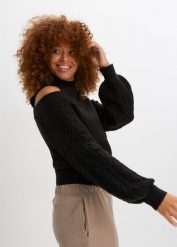 Sweter cold-shoulder. Czarne swetry bonprix, bez wzorów, bez ramiączek. Za 124.99 zł.