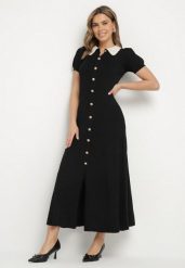 Czarna Rozkloszowana Sukienka Retro z Wiskozy z Guzikami i Kołnierzykiem Andival. Czarne sukienki Born2be, na co dzień, z aplikacjami, z wiskozy, eleganckie, bez kołnierzyka, bez ramiączek, maxi, proste. Za 159.99 zł.