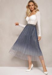 Granatowa Spódnica z Siateczki Ozdobionej Brokatem z Gumką w Talii Henizia. Niebieskie spódnice Renee, s, bez wzorów, eleganckie, midi. Za 44.99 zł.