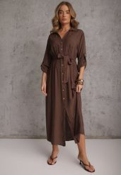 Brązowa Koszulowa Sukienka z Bawełny z Wiązanym Paskiem i Podpinanymi Rękawami Cesela. Brązowe sukienki Renee, na co dzień, l, bez wzorów, z bawełny, boho, bez kołnierzyka, bez ramiączek, maxi, koszulowe. Za 119.99 zł.
